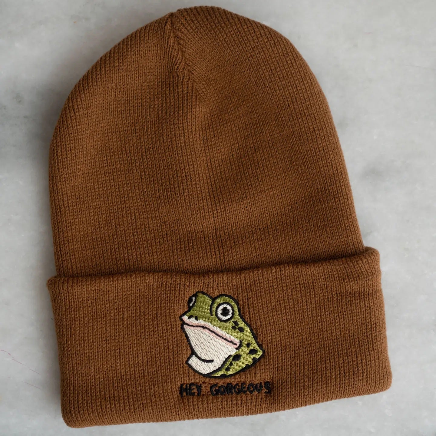 Hey Gorgeous (Frog) Beanie | Knit Toque with Embroidery