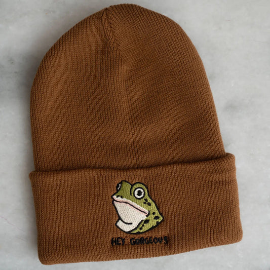 Hey Gorgeous (Frog) Beanie | Knit Toque with Embroidery