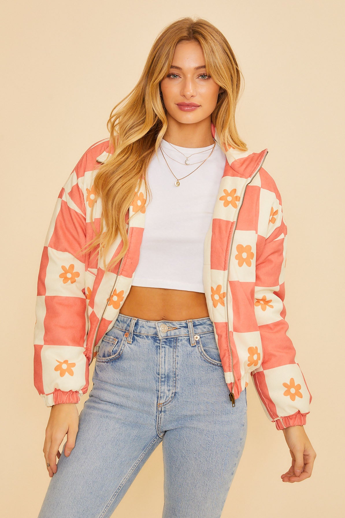Checkered And Floral Print Jacket