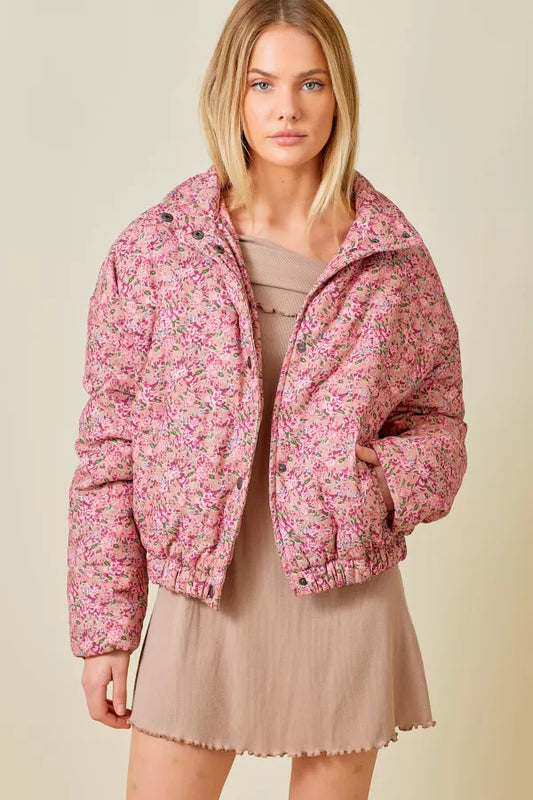 Floral Corduroy Print Puffer Jacket
