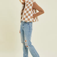 Checkered Sherpa Print Zip Up Vest