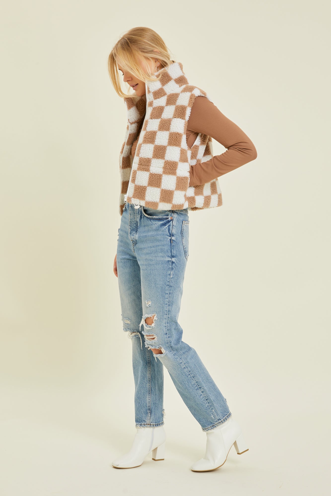 Checkered Sherpa Print Zip Up Vest