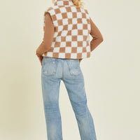 Checkered Sherpa Print Zip Up Vest