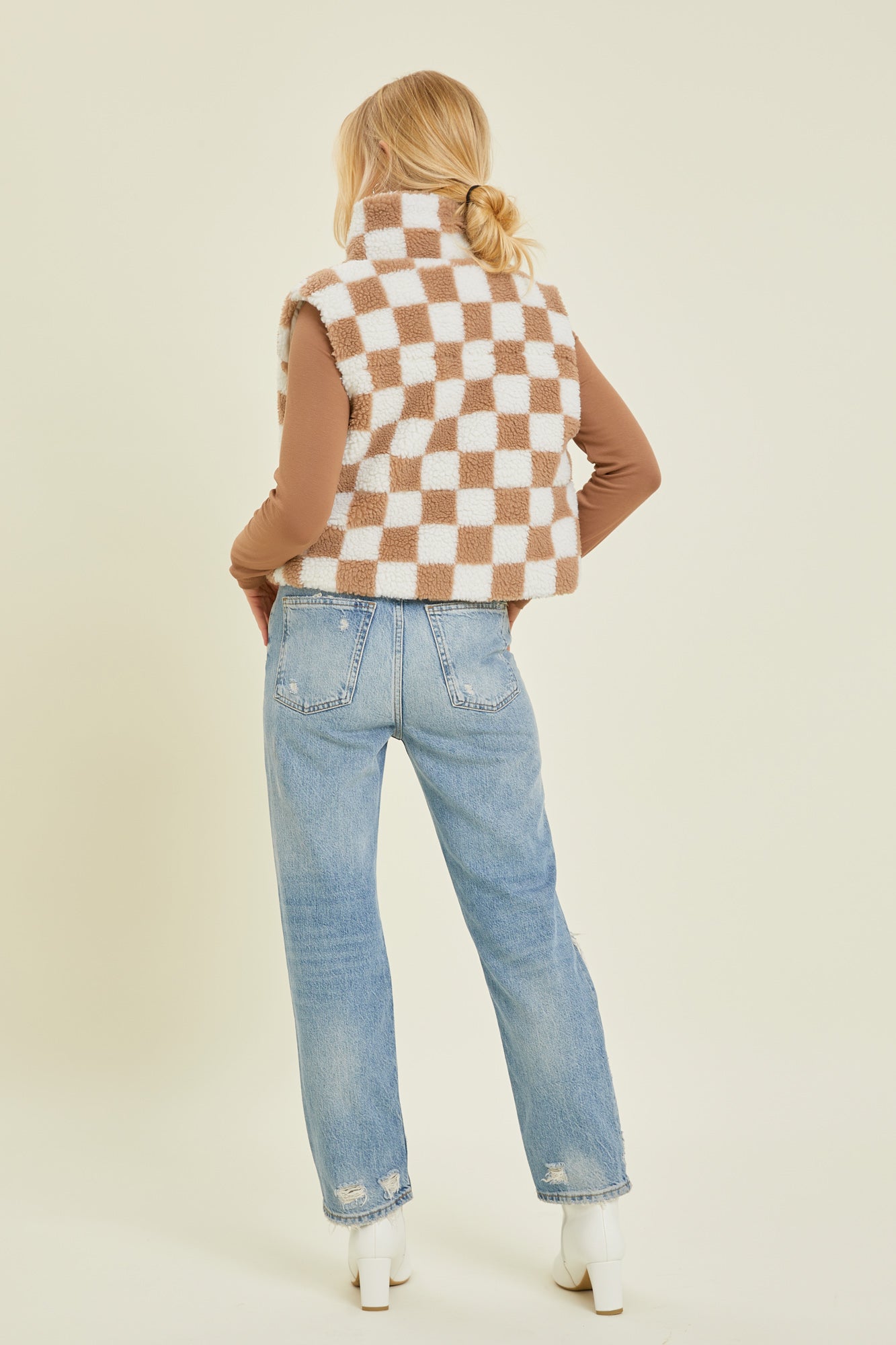 Checkered Sherpa Print Zip Up Vest