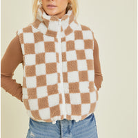 Checkered Sherpa Print Zip Up Vest