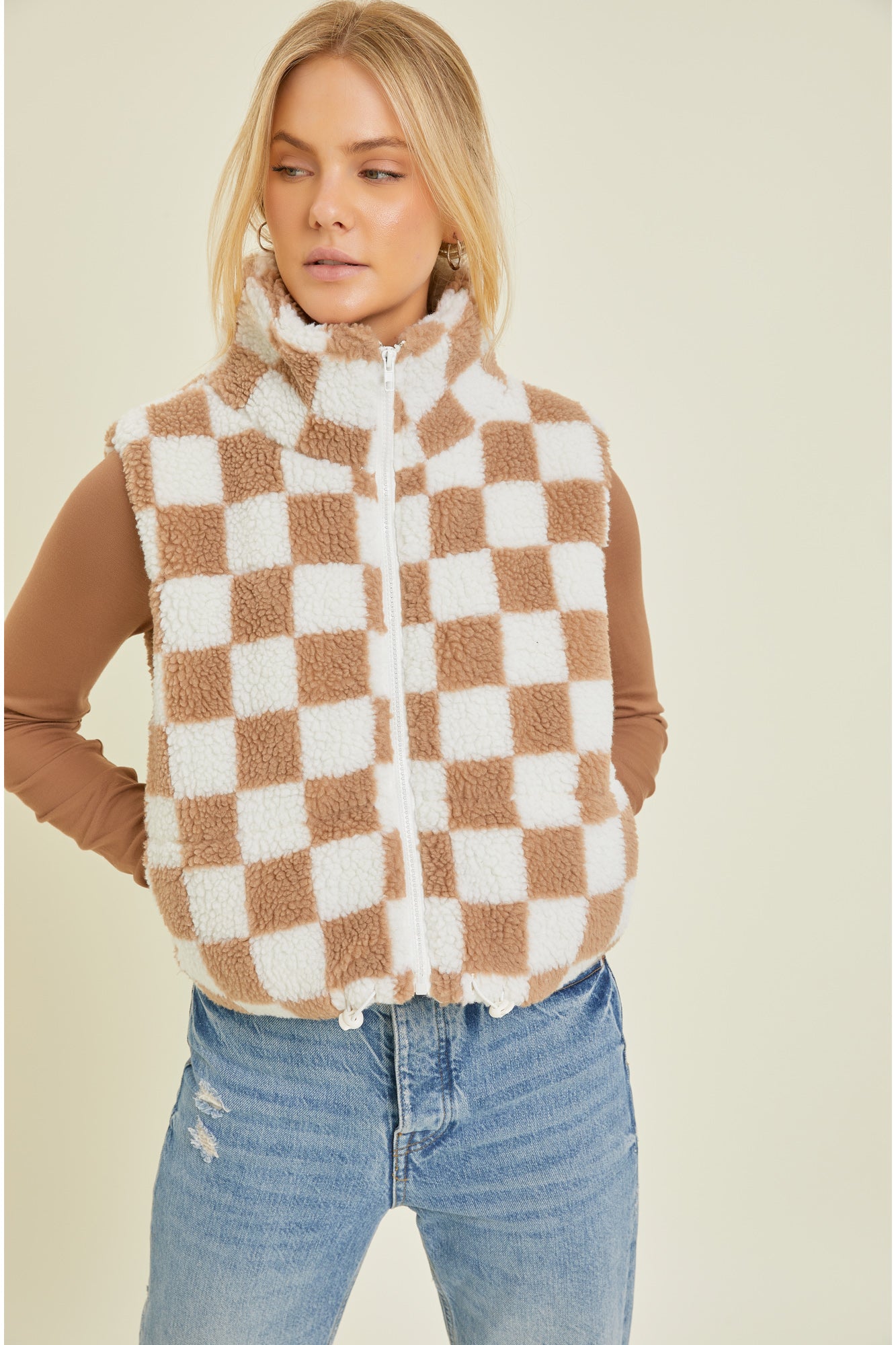 Checkered Sherpa Print Zip Up Vest