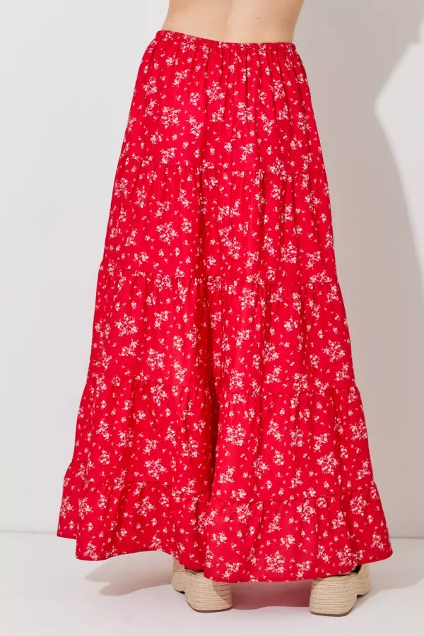 Red Multi Floral Print Maxi Skirt