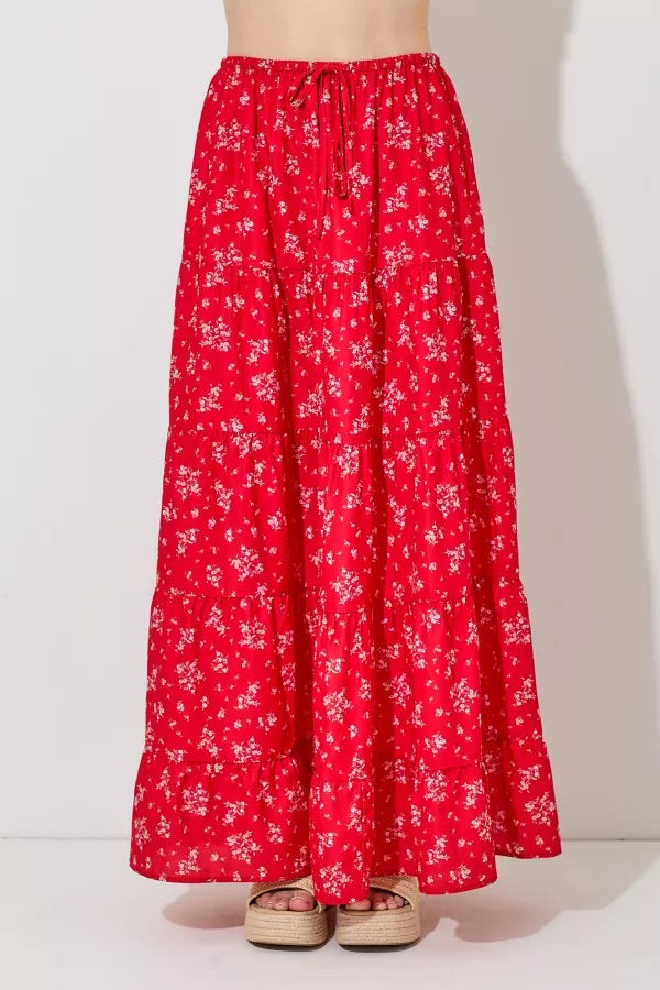 Red Multi Floral Print Maxi Skirt