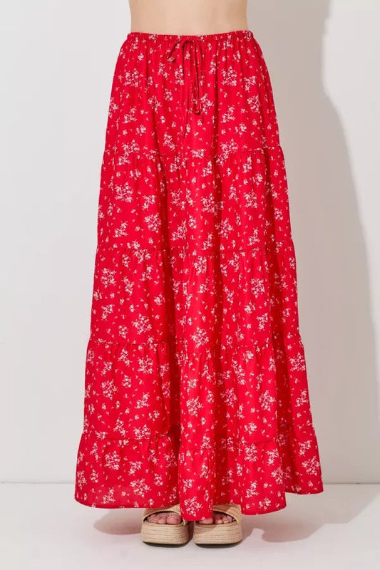 Red Multi Floral Print Maxi Skirt