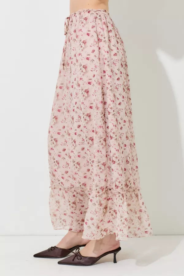 Blush Floral Print Waist Tie Maxi Skirt