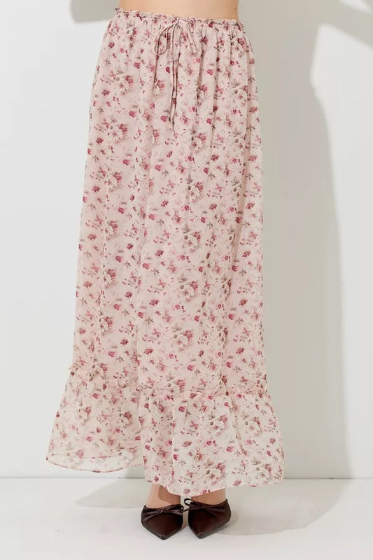 Blush Floral Print Waist Tie Maxi Skirt
