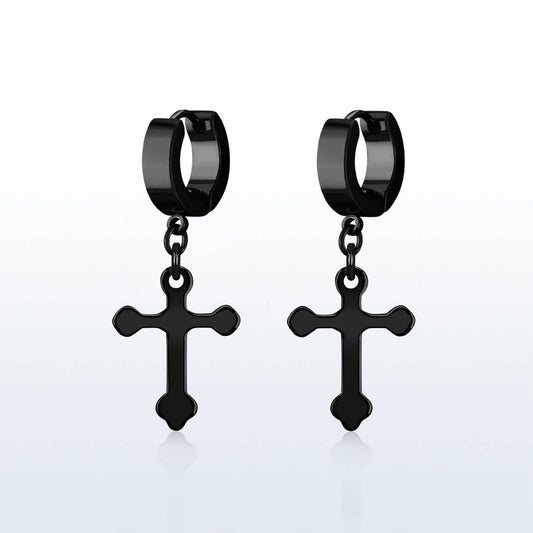 Black Huggie Earrings With Black Cross Dangle