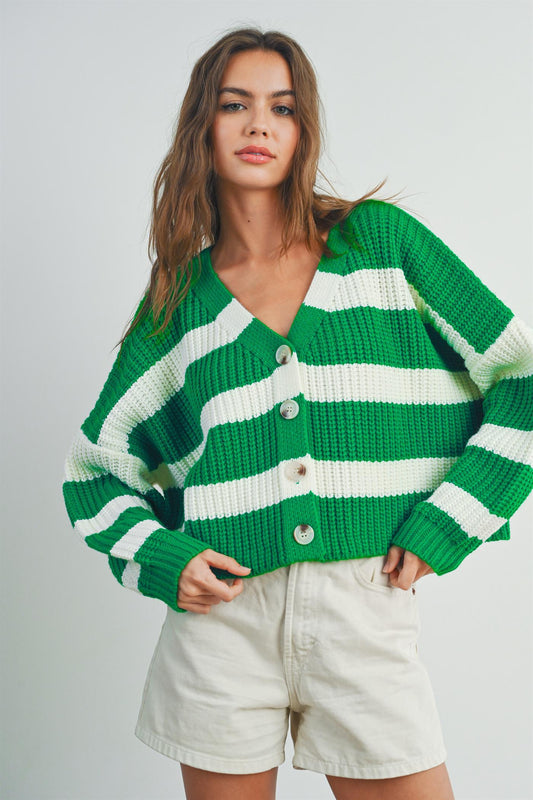 Striped V Neck Cardigan With Buttons