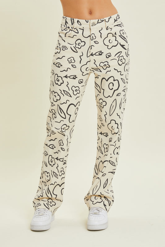 Floral Print Stretch Denim Pants