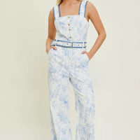 Belted Floral Denim Jumpsuit