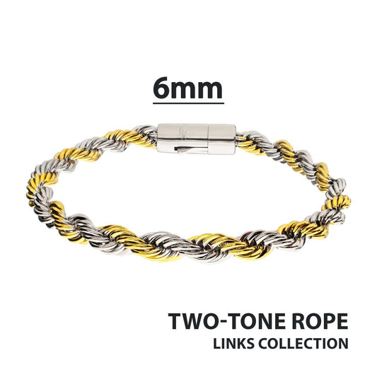 18Kt Gold IP Steel Two-Tone Rope Chain Bracelet 6mm 8"