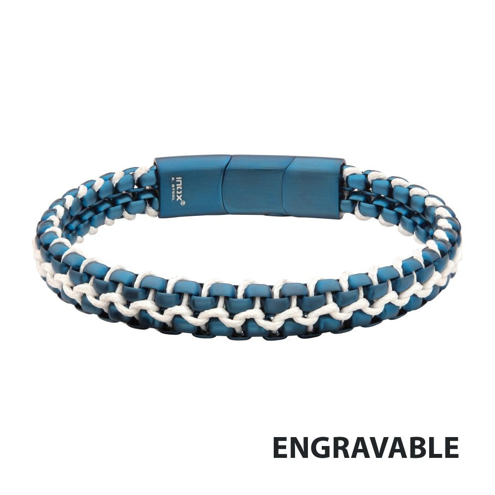 Matte Blue IP Steel Box Chain & White Wax Cord Bracelet