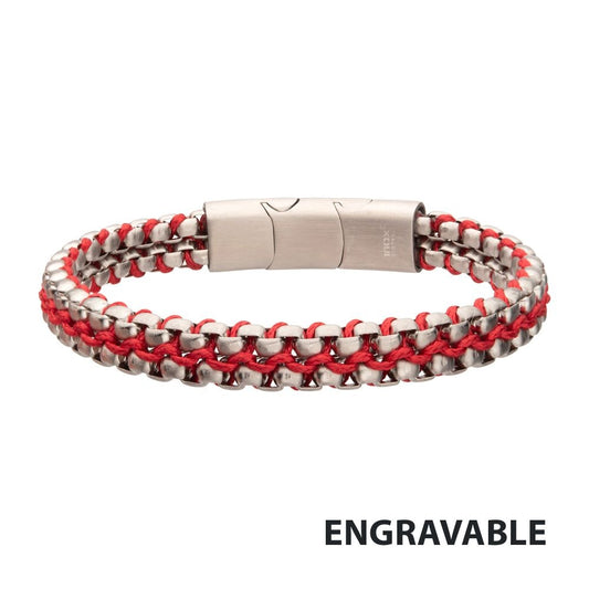 Matte Stainless Steel Box Chain & Red Wax Cord Bracelet