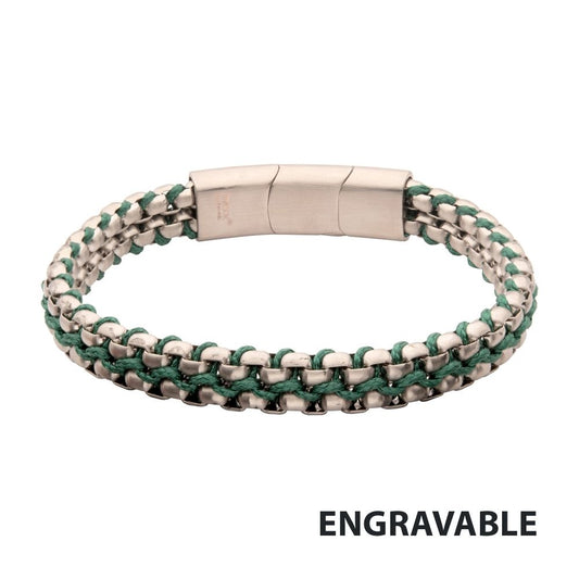 Matte Stainless Steel Box Chain & Green Wax Cord Bracelet