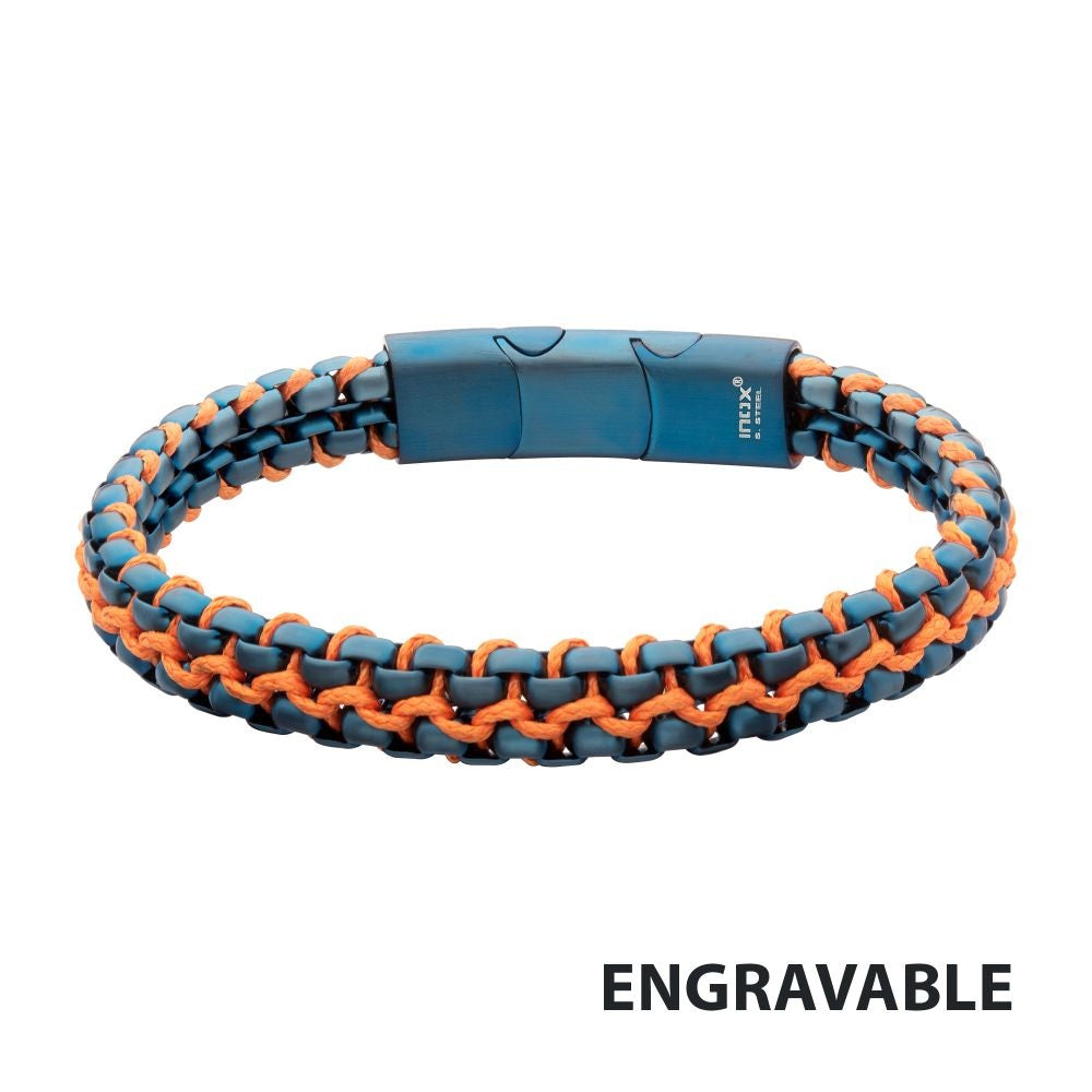 Matte Blue IP Stainless Steel Box Chain & Orange Wax Cord Bracelet