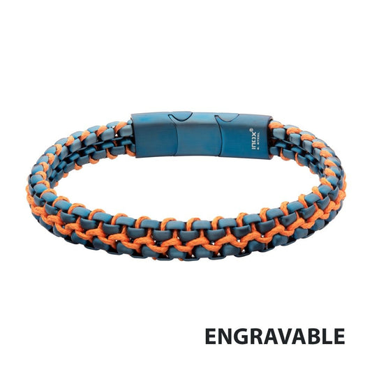 Matte Blue IP Stainless Steel Box Chain & Orange Wax Cord Bracelet