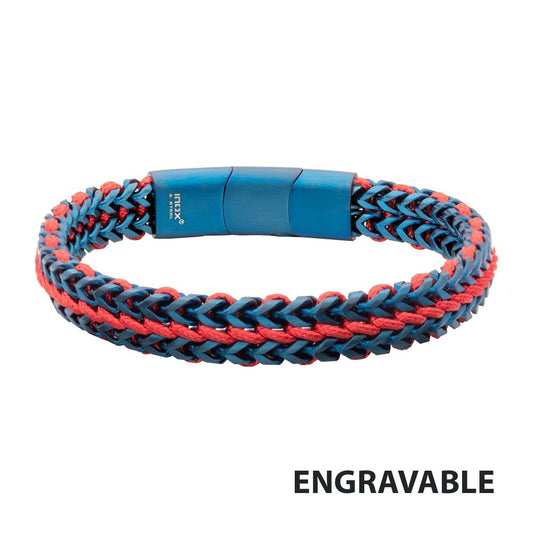 Matte Blue IP Stainless Steel Foxtail Chain & Red Wax Cord Bracelet