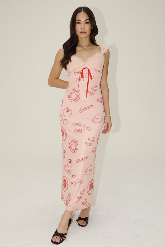 Printed Maxi Dress With Lace Trim Rose
