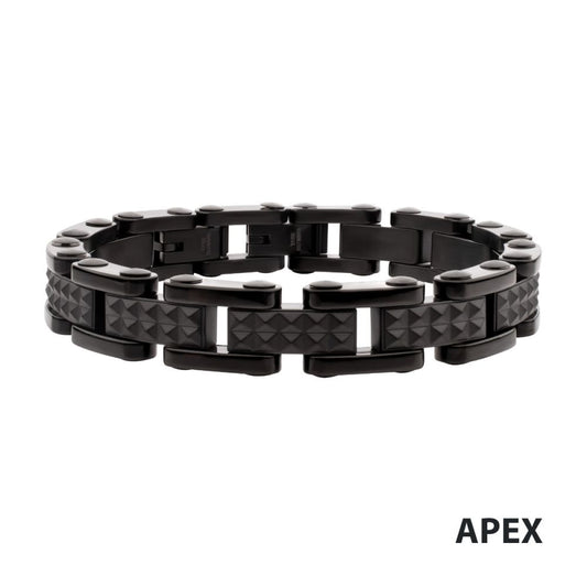Black IP Steel Matte Finish Pyramid Stud Pattern Link Bracelet 8.25" - 8.75"