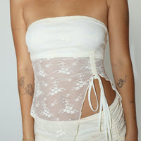 Mesh Lace Asymemetric Tube Top Cream