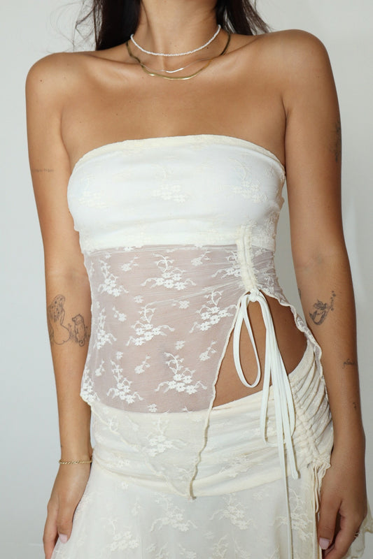 Mesh Lace Asymemetric Tube Top Cream