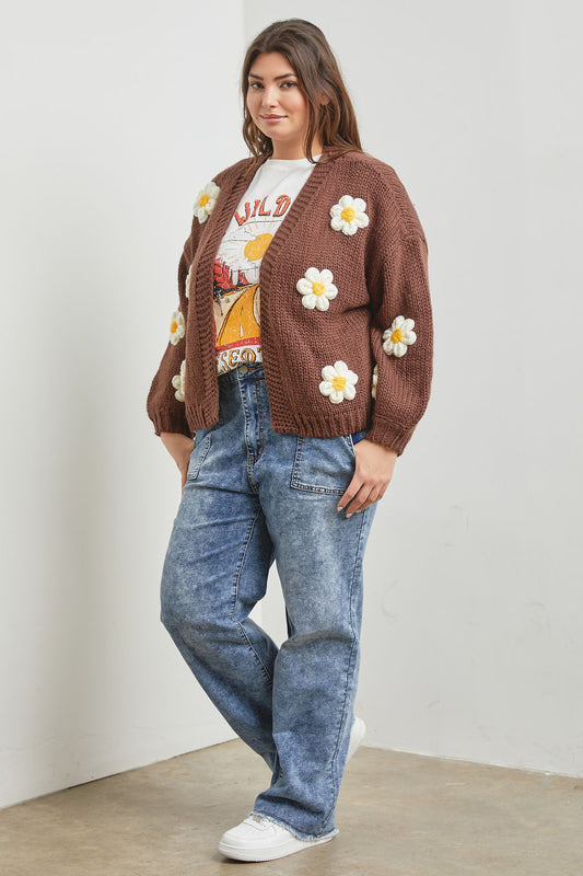 Plus Knit Cardigan With Bubble Sleeves Brown Color With White Flowers