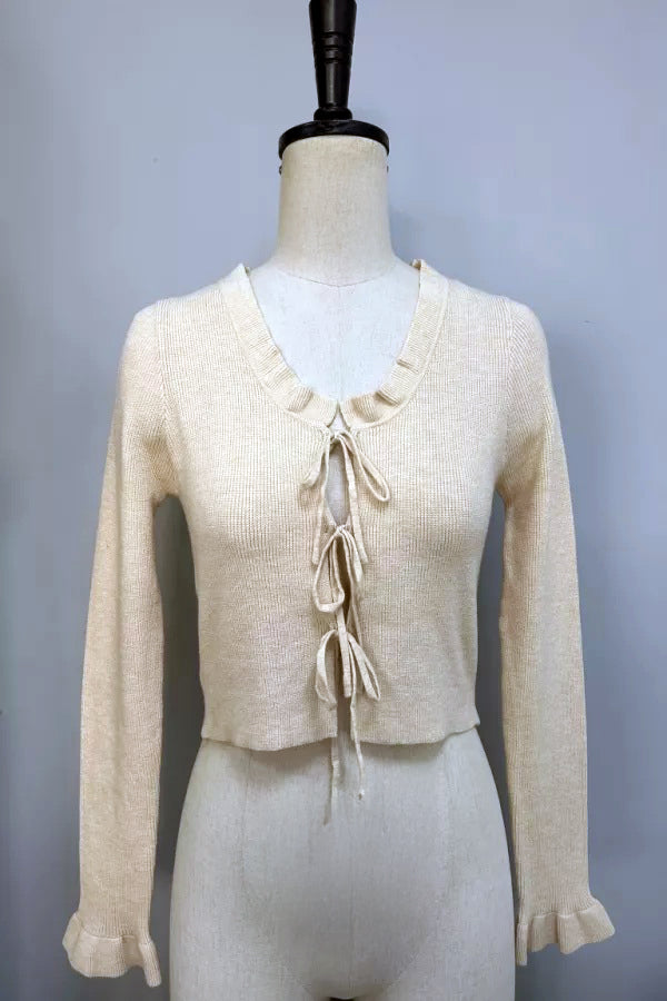 Sand Front Ruffle And Tie Sweater