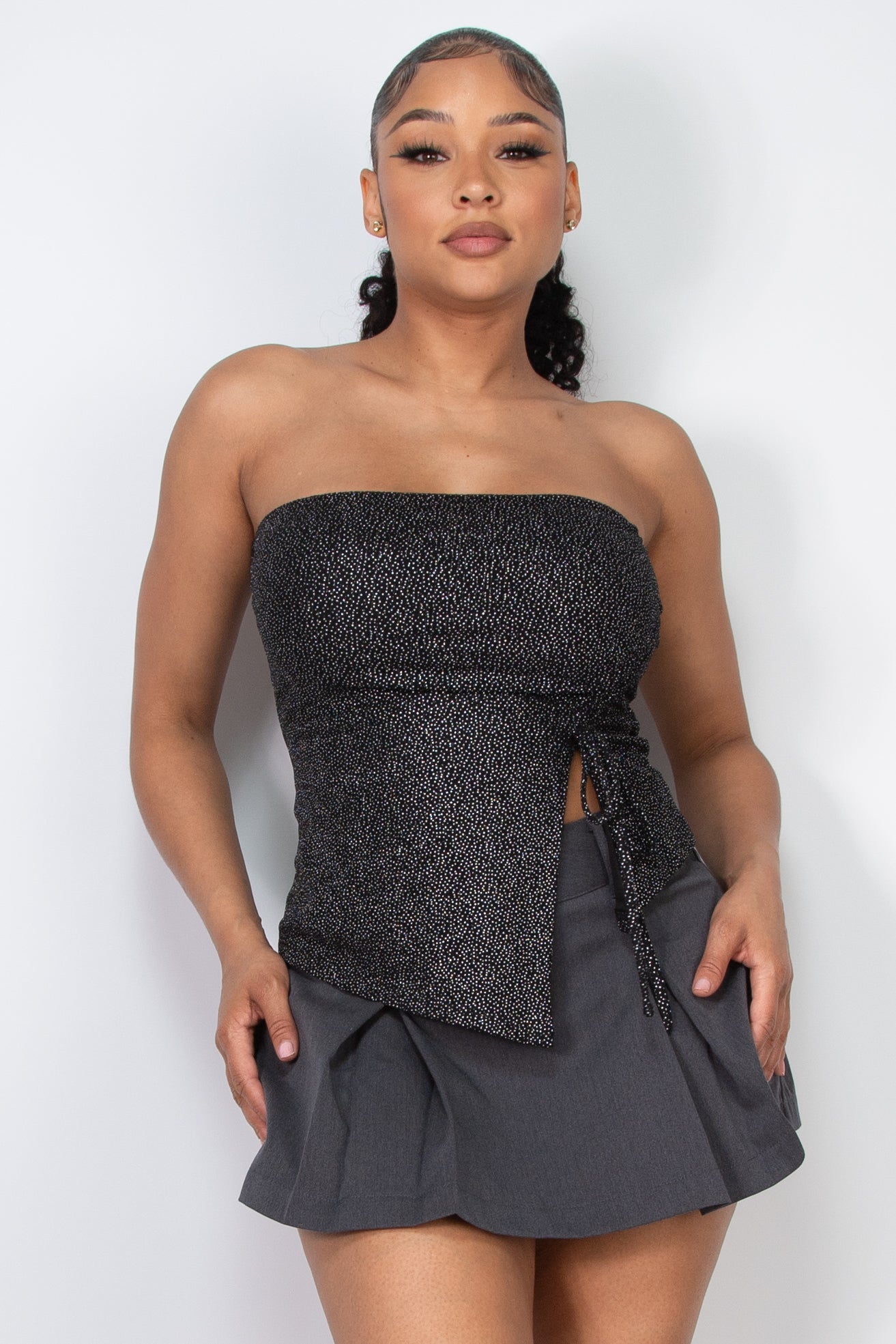 Mesh Dot Foil Ruched Hem Top