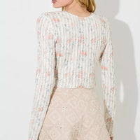 Cream Peach Floral Printed Lace Long Sleeve Top