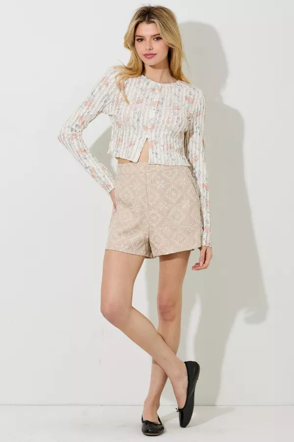 Cream Peach Floral Printed Lace Long Sleeve Top