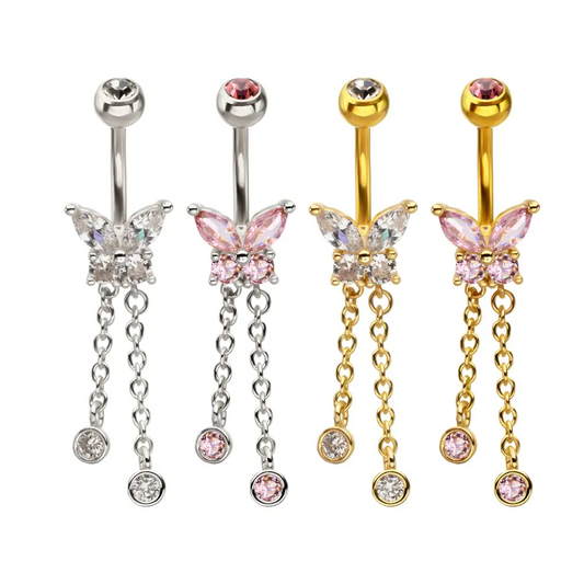 Butterfly With Double Round Chain Dangle Navel