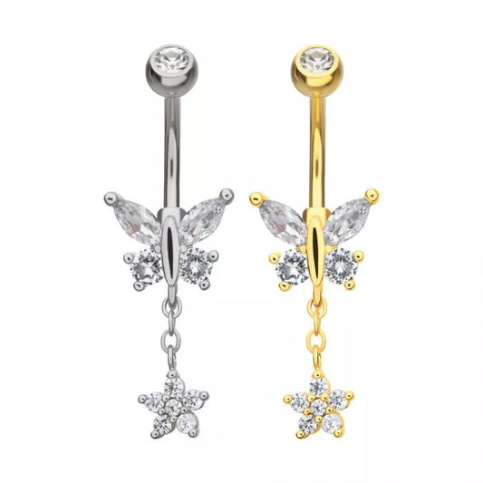 Butterfly With Flower Dangle Navel