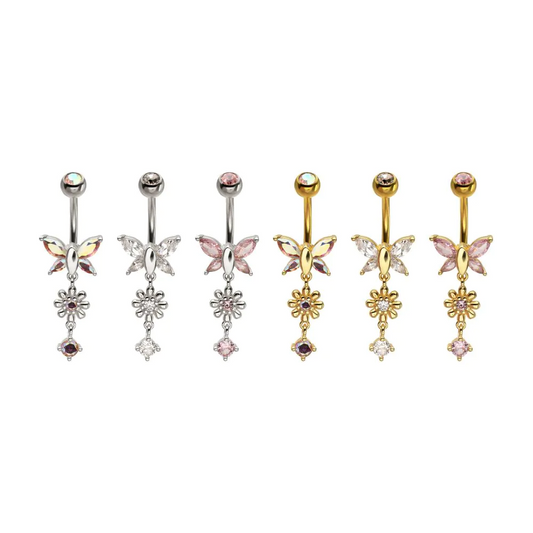 Butterfly With Flower and Round Gem Dangle Navel