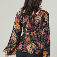 Navy Multi V Neck Blouse With Long Sleeves