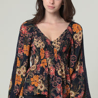 Navy Multi V Neck Blouse With Long Sleeves