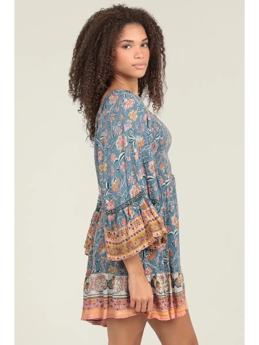 Wide Bell Flare Sleeves Smocked Bodice Dress