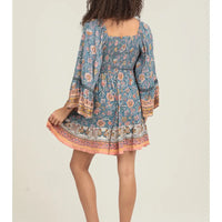 Wide Bell Flare Sleeves Smocked Bodice Dress