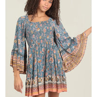 Wide Bell Flare Sleeves Smocked Bodice Dress