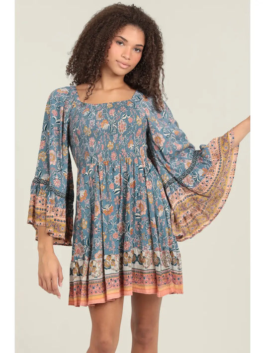 Wide Bell Flare Sleeves Smocked Bodice Dress