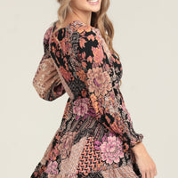 Black Long Sleeve V-Neck Print Short Dress