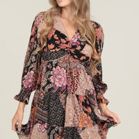 Black Long Sleeve V-Neck Print Short Dress