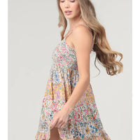 Smocked Bust V Neck Mixed Print Sundress