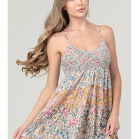 Smocked Bust V Neck Mixed Print Sundress