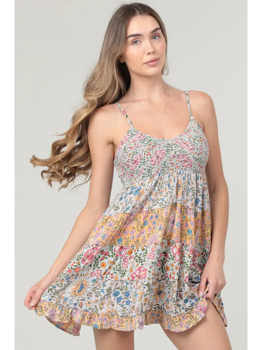 Smocked Bust V Neck Mixed Print Sundress