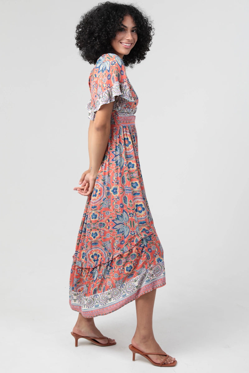 V Neck Twist Front Cut Out Side Slit Hi Lo Maxi Dress